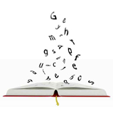 Foto de un libro del cual salen las letras hacia a fuera del mismo