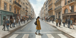 Mujer andando sola en medio de una gran ciudad