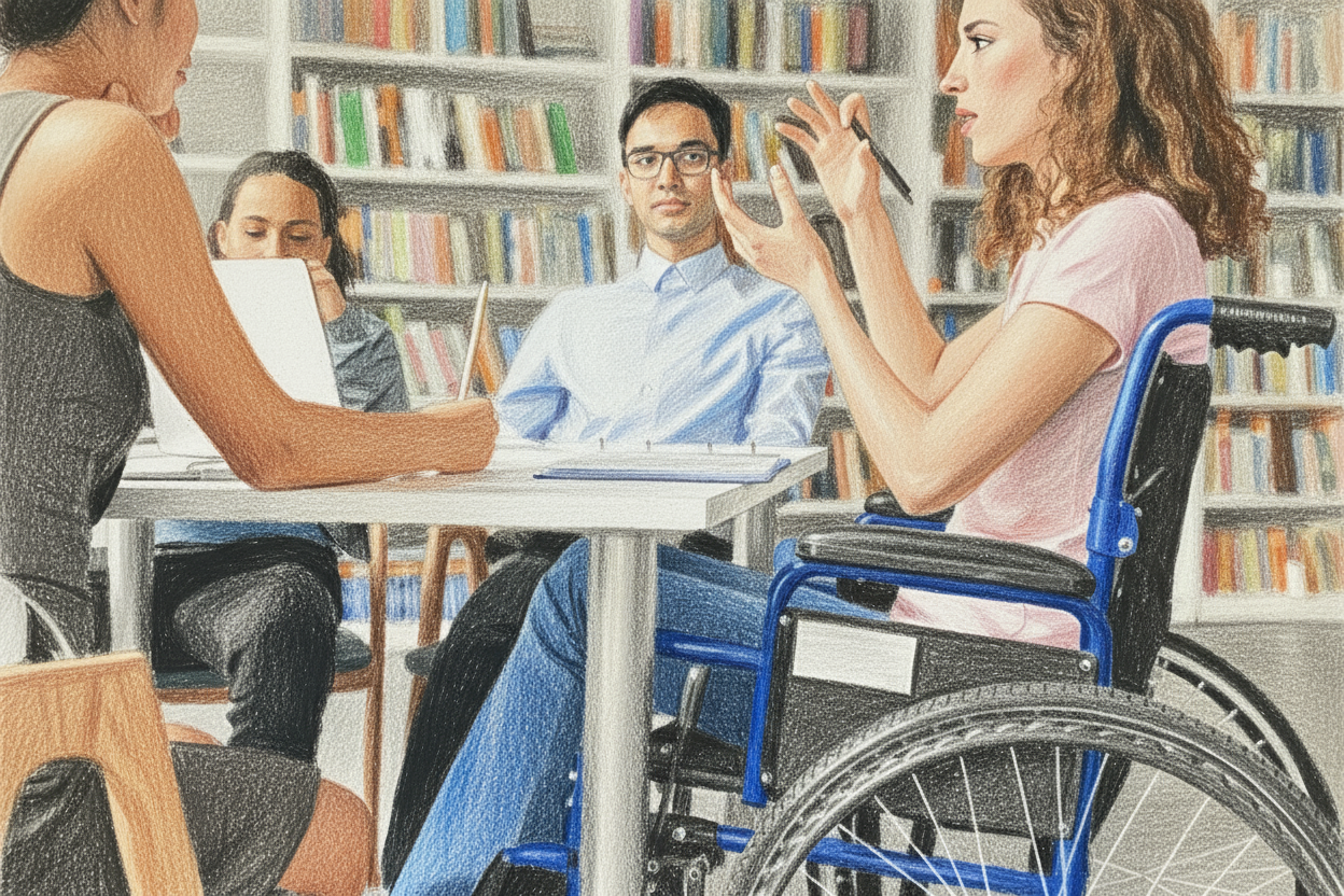 Imagen creada con IA en la que se ve a jóvenes con discapacidad alrededor de una mesa en una biblioteca