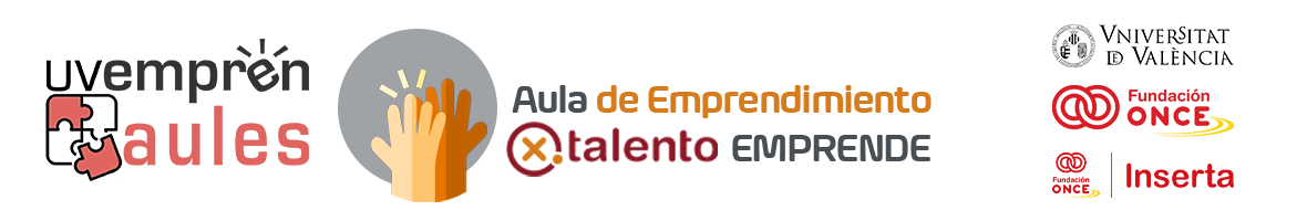 Cartel de 'X Talento Emprende' con loslogos de la Universidad de Valencia, Fundación ONCE e Inserta Empleo