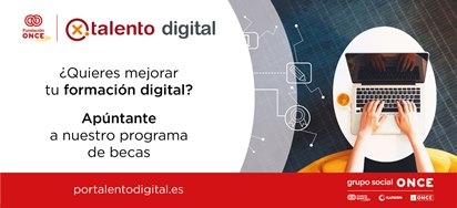 Cartel anunciando el programa de becas en el que se ve unas manos manejando un portátil