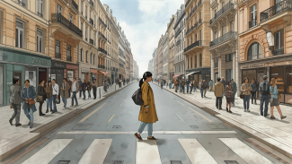 Mujer andando sola en medio de una gran ciudad