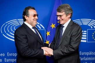 Foto del saludo entre Miguel Carballeda y el presidente del Parlamento Europeo