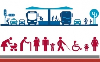 Ilustración en la que aparecen diferentes medios de transportes y símbolos de personas con discapacidad