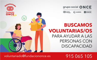 ilustración en la que aparece una chica en silla de ruedas y un voluntario y el texto 'Se buscan voluntarios para las personas con discapacidad'