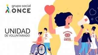 Cartel de la Unidad de Voluntariado en el que se ve a varias personas, una de ellas en silla de ruedas