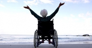 Imagen de una mujer en silla de ruedas, vista de espaldas, mirando al mar